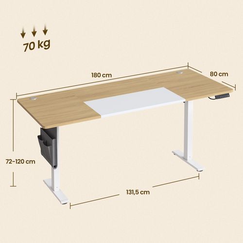 Bureau Réglable En Hauteur, 180 X 80 Cm, Fonction Mémoire, Port USB-c, Couleur Chêne Et Blanc