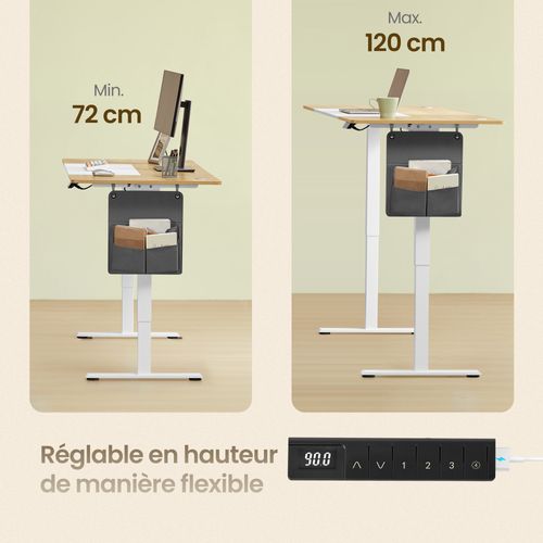 Bureau Réglable En Hauteur, 180 X 80 Cm, Fonction Mémoire, Port USB-c, Couleur Chêne Et Blanc