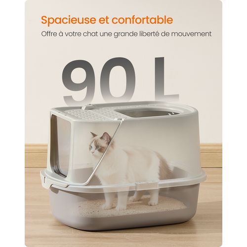 Grand Bac à Litière Pour Chat, Taille XXL,  Avec Pelle Et Brosse, Jusqu’à 15 Kg, Avoine Et Gris