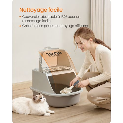 Grand Bac à Litière Pour Chat, Taille XXL,  Avec Pelle Et Brosse, Jusqu’à 15 Kg, Avoine Et Gris