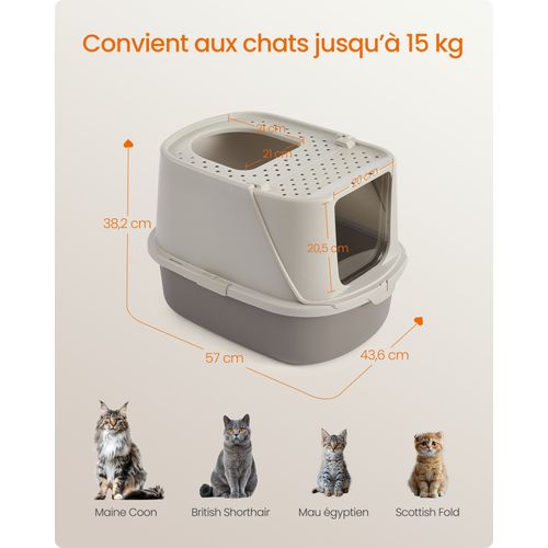 Grand Bac à Litière Pour Chat, Taille XXL,  Avec Pelle Et Brosse, Jusqu’à 15 Kg, Avoine Et Gris