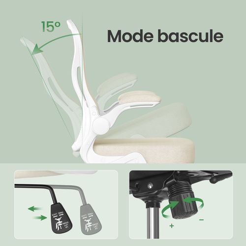 Fauteuil De Bureau Ergonomique Pivotante, Maille, Fonction Basculante, Rabattables, Beige Et Blanc