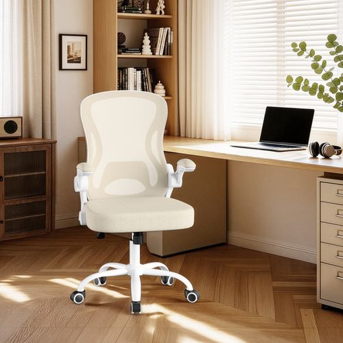 Fauteuil De Bureau Ergonomique Pivotante, Maille, Fonction Basculante, Rabattables, Beige Et Blanc