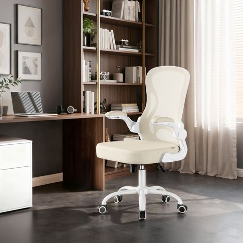 Fauteuil De Bureau Ergonomique Pivotante, Maille, Fonction Basculante, Rabattables, Beige Et Blanc
