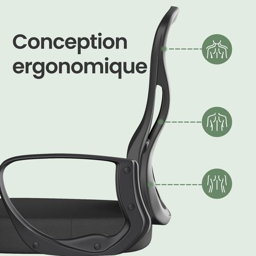 Fauteuil De Bureau Ergonomique Pivotante, En Maille, Soutien Lombaire, Fonction Basculante, Noir