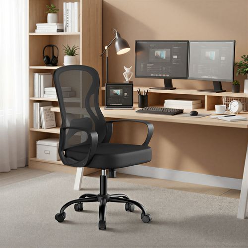 Fauteuil De Bureau Ergonomique Pivotante, En Maille, Soutien Lombaire, Fonction Basculante, Noir