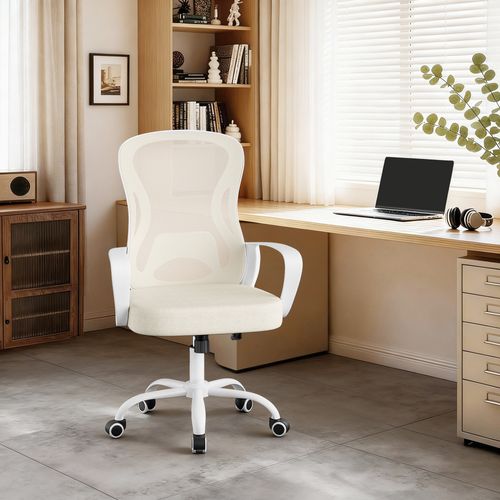 Chaise De Bureau Ergonomique, En Maille, Fonction Bascule, Accoudoirs, Beige Et Blanc