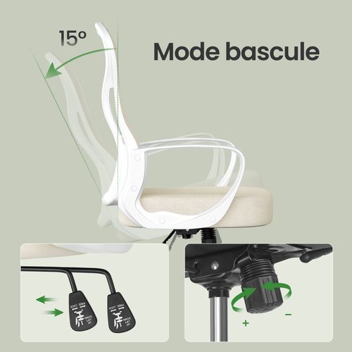 Chaise De Bureau Ergonomique, En Maille, Fonction Bascule, Accoudoirs, Beige Et Blanc