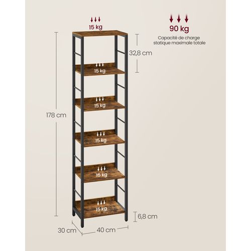 Étagère Sur 6 Niveaux, Meuble De Rangement, 30 X 40 X 178 Cm, Avec Panneaux Arrière, Marron Et Noir