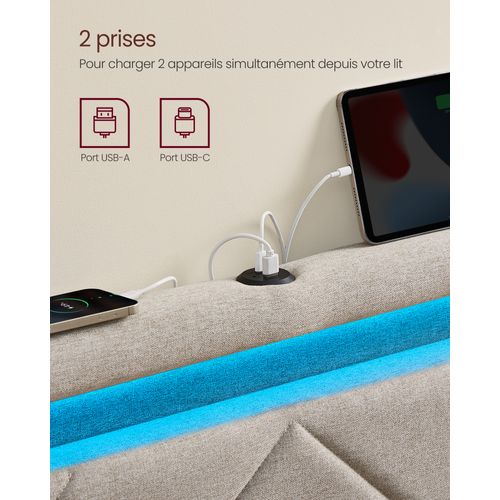 Lit Double, 160 X 200 Cm, Avec LED, En Métal,tête De Lit Rembourrée Ajustable, Beige