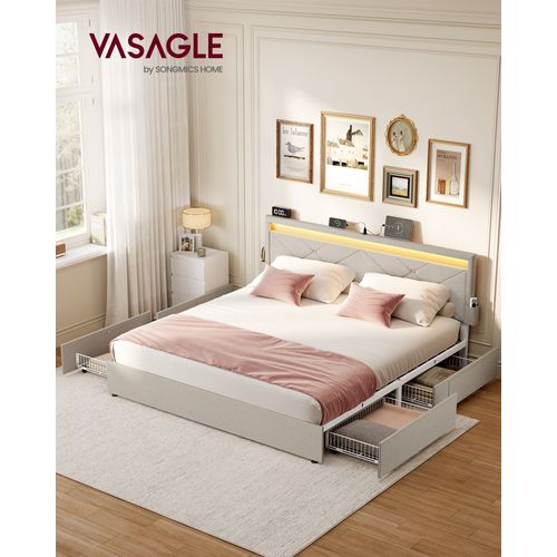 Lit Double, 160 X 200 Cm, Avec LED, En Métal,tête De Lit Rembourrée Ajustable, Beige