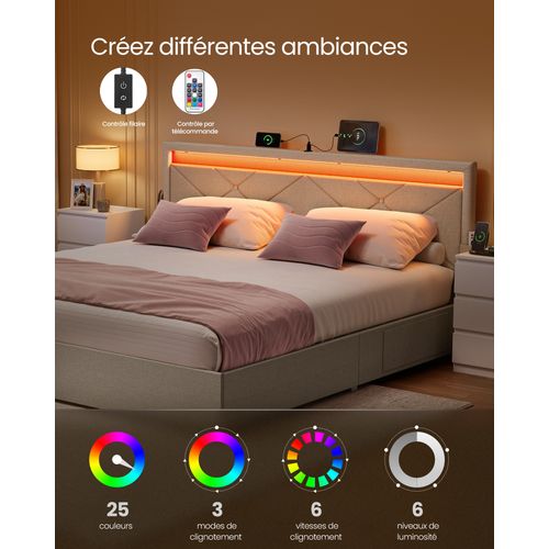 Lit Double, 160 X 200 Cm, Avec LED, En Métal,tête De Lit Rembourrée Ajustable, Beige