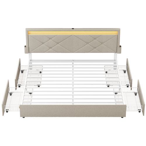 Lit Double, 160 X 200 Cm, Avec LED, En Métal,tête De Lit Rembourrée Ajustable, Beige