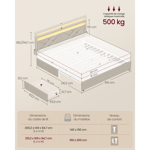 Lit Double, 160 X 200 Cm, Avec LED, En Métal,tête De Lit Rembourrée Ajustable, Beige