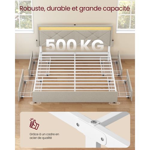 Lit Double, 160 X 200 Cm, Avec LED, En Métal,tête De Lit Rembourrée Ajustable, Beige