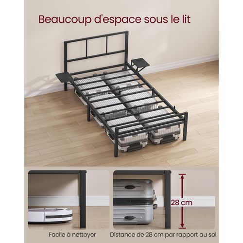 Cadre De Lit 90 X 190 Avec Sommier Métal, Étagères De Rangement, Tête De Lit, Adolescents, Noir