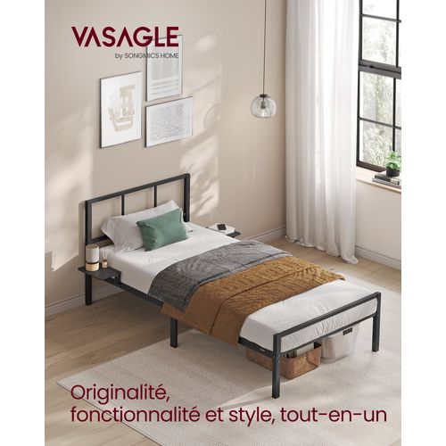 Cadre De Lit 90 X 190 Avec Sommier Métal, Étagères De Rangement, Tête De Lit, Adolescents, Noir