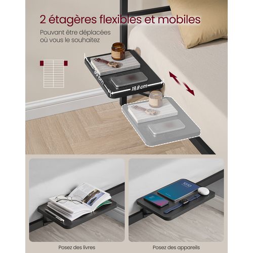 Cadre De Lit 90 X 190 Avec Sommier Métal, Étagères De Rangement, Tête De Lit, Adolescents, Noir