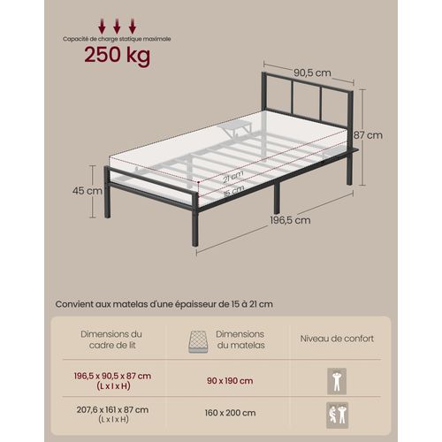 Cadre De Lit 90 X 190 Avec Sommier Métal, Étagères De Rangement, Tête De Lit, Adolescents, Noir