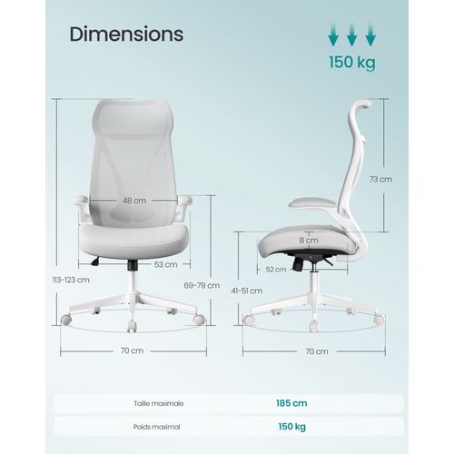 Fauteuil De Bureau,hauteur Réglable,chaise Pivotante Avec Appui-tête, Supporte Jusqu’à 150 Kg, Gris