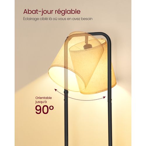 Lampadaire Sur Pied, Avec 3 Étagères, Ampoule LED Et Interrupteur, Abat-jour En Tissu, Noir