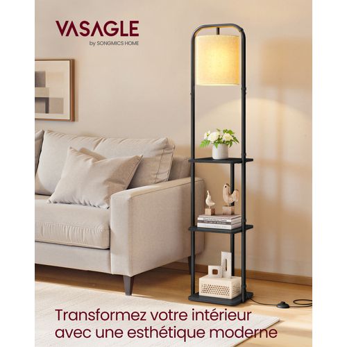 Lampadaire Sur Pied, Avec 3 Étagères, Ampoule LED Et Interrupteur, Abat-jour En Tissu, Noir