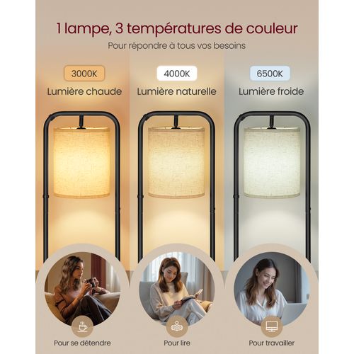 Lampadaire Sur Pied, Avec 3 Étagères, Ampoule LED Et Interrupteur, Abat-jour En Tissu, Noir