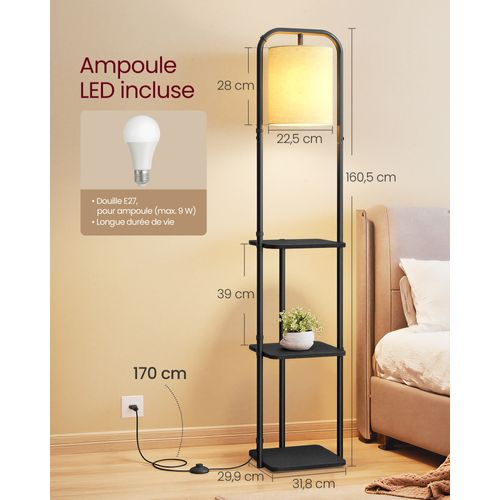 Lampadaire Sur Pied, Avec 3 Étagères, Ampoule LED Et Interrupteur, Abat-jour En Tissu, Noir