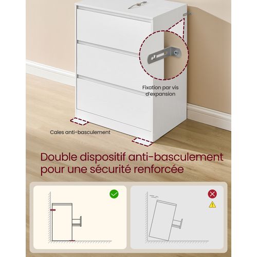 Commode Chambre 3 Tiroirs, Armoire De Rangement, Meuble à Vêtements, 40 X 60 X 75 Cm, Blanc Neige
