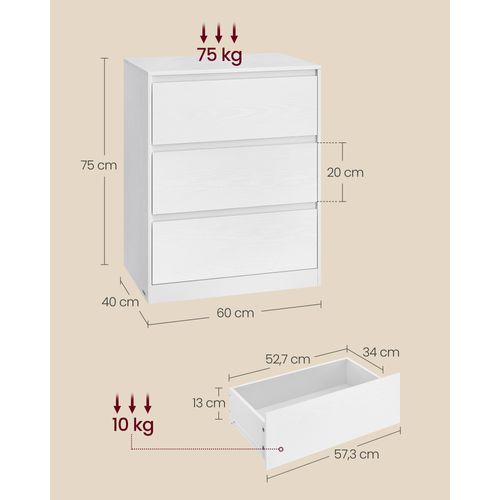 Commode Chambre 3 Tiroirs, Armoire De Rangement, Meuble à Vêtements, 40 X 60 X 75 Cm, Blanc Neige