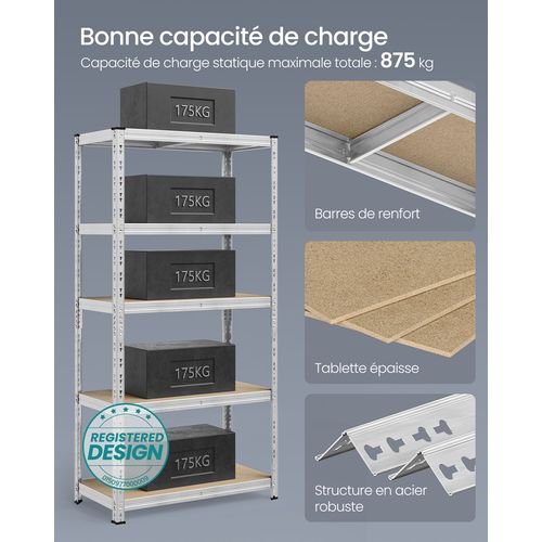 Étagère De Rangement Charge Lourde, 50 X 100 X 200 Cm, Capacité De Charge Jusqu’à 875 Kg, Argent