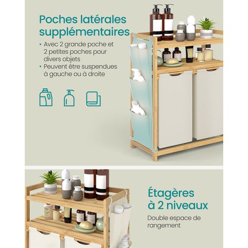 Panier à Linge, Avec 2 Compartiments, Avec Étagère, 2 X 50 L, 63 X 33 X 98 Cm, Blanc Crème