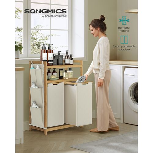 Panier à Linge, Avec 2 Compartiments, Avec Étagère, 2 X 50 L, 63 X 33 X 98 Cm, Blanc Crème