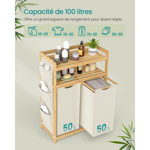 Panier à Linge, Avec 2 Compartiments, Avec Étagère, 2 X 50 L, 63 X 33 X 98 Cm, Blanc Crème