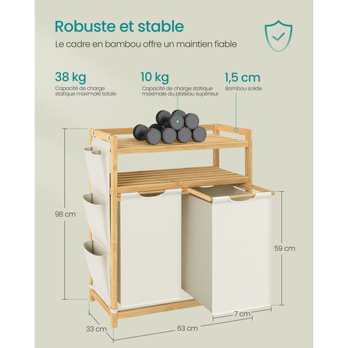 Panier à Linge, Avec 2 Compartiments, Avec Étagère, 2 X 50 L, 63 X 33 X 98 Cm, Blanc Crème