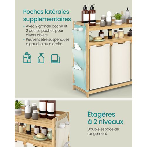 Panier à Linge, Avec 3 Compartiments, En Bambou, Avec Étagère, 3 X 50 L, 94 X 33 X 98 Cm, Blanc