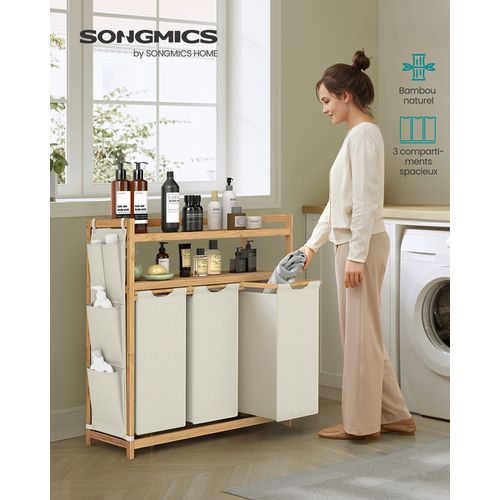 Panier à Linge, Avec 3 Compartiments, En Bambou, Avec Étagère, 3 X 50 L, 94 X 33 X 98 Cm, Blanc
