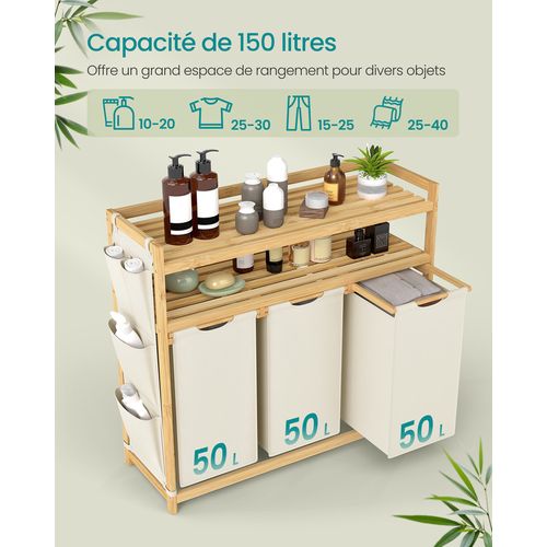 Panier à Linge, Avec 3 Compartiments, En Bambou, Avec Étagère, 3 X 50 L, 94 X 33 X 98 Cm, Blanc