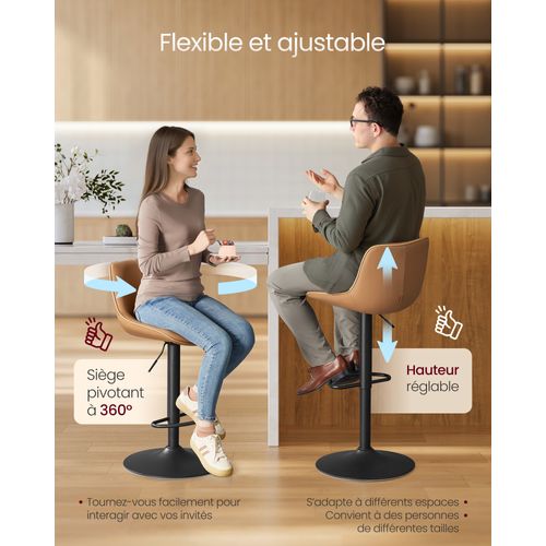 Lot De 2 Tabourets De Bar, Pivotants, Réglables En Hauteur, Dossier Ergonomique, Pu, Marron Caramel