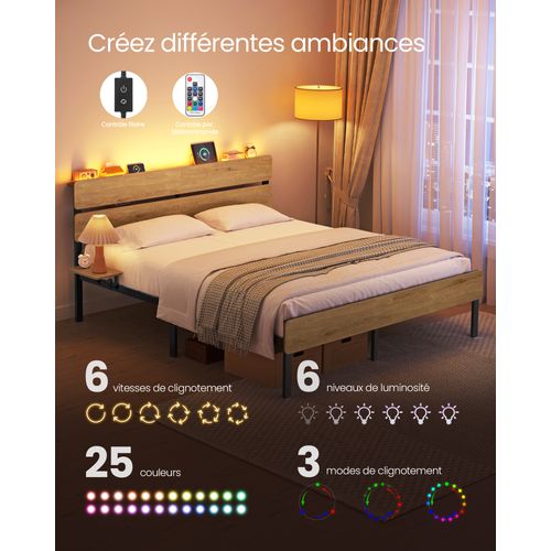 Cadre De Lit 160 X 200 Avec Sommier Métal,,port USB Et Type-c, Espace De Rangement，marron