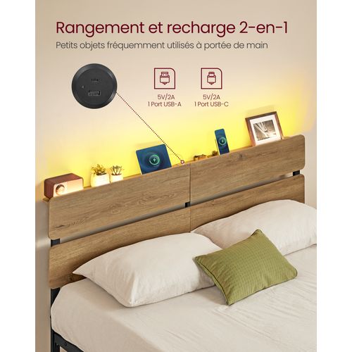 Cadre De Lit 160 X 200 Avec Sommier Métal,,port USB Et Type-c, Espace De Rangement，marron