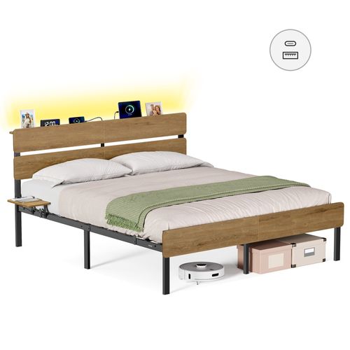 Cadre De Lit 160 X 200 Avec Sommier Métal,,port USB Et Type-c, Espace De Rangement，marron