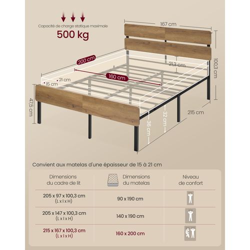 Cadre De Lit 160 X 200 Avec Sommier Métal,,port USB Et Type-c, Espace De Rangement，marron