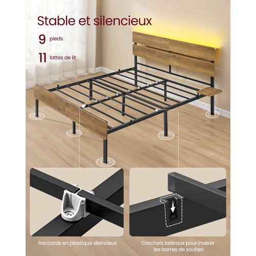 Cadre De Lit 160 X 200 Avec Sommier Métal,,port USB Et Type-c, Espace De Rangement，marron