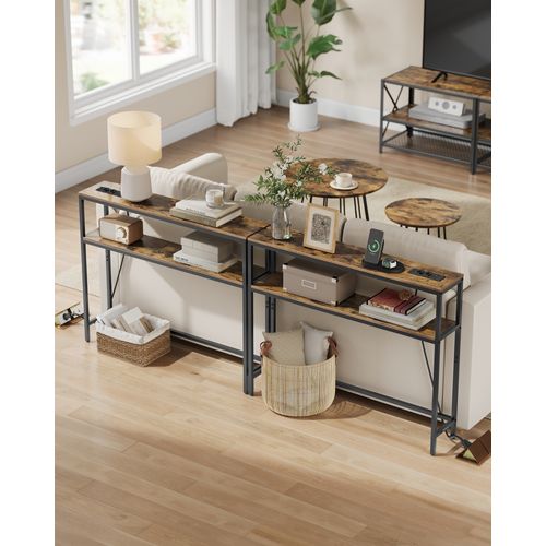 Table Console Avec Prise, Bout De Canapé Étroit Avec 2 Étagères, 20 X 100 X 80 Cm