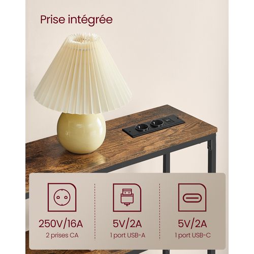 Table Console Avec Prise, Bout De Canapé Étroit Avec 2 Étagères, 20 X 100 X 80 Cm