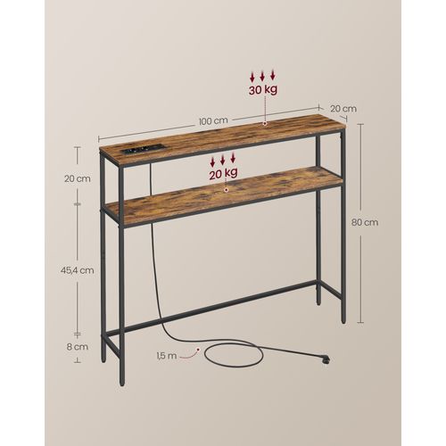 Table Console Avec Prise, Bout De Canapé Étroit Avec 2 Étagères, 20 X 100 X 80 Cm