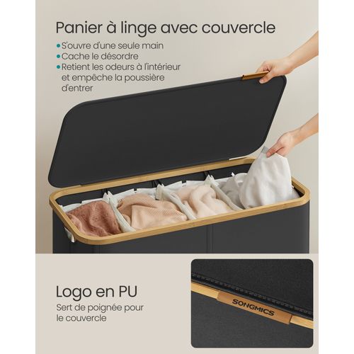 Panier à Linge Avec Couvercle à 4 Compartiments, 200 L, Sac Amovible, Poignées En Bambou, Pliable