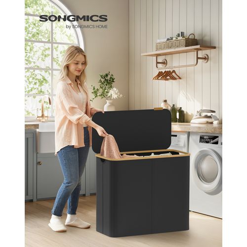 Panier à Linge Avec Couvercle à 4 Compartiments, 200 L, Sac Amovible, Poignées En Bambou, Pliable