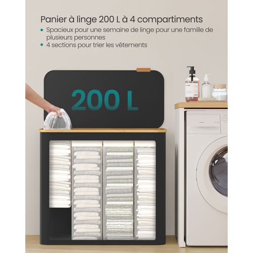 Panier à Linge Avec Couvercle à 4 Compartiments, 200 L, Sac Amovible, Poignées En Bambou, Pliable
